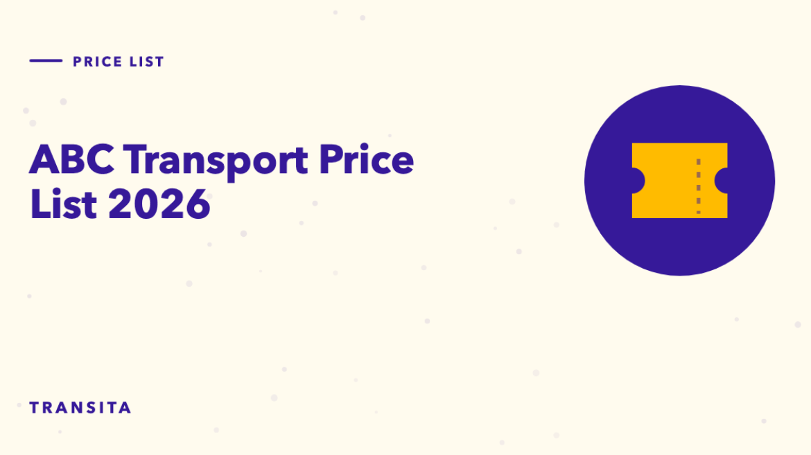Illustrated guide cover with a bus ticket mark: ABC Transport Price List 2026.