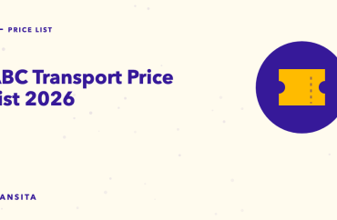 Illustrated guide cover with a bus ticket mark: ABC Transport Price List 2026.