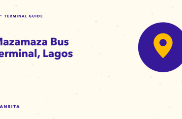 Illustrated guide cover with a map pin mark: Mazamaza Bus Terminal, Lagos.