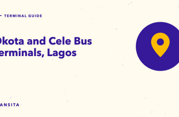 Illustrated guide cover with a map pin mark: Okota and Cele Bus Terminals, Lagos.